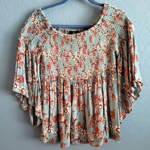 Angie Boho Top Size Small Teal Floral Flowy Blouse